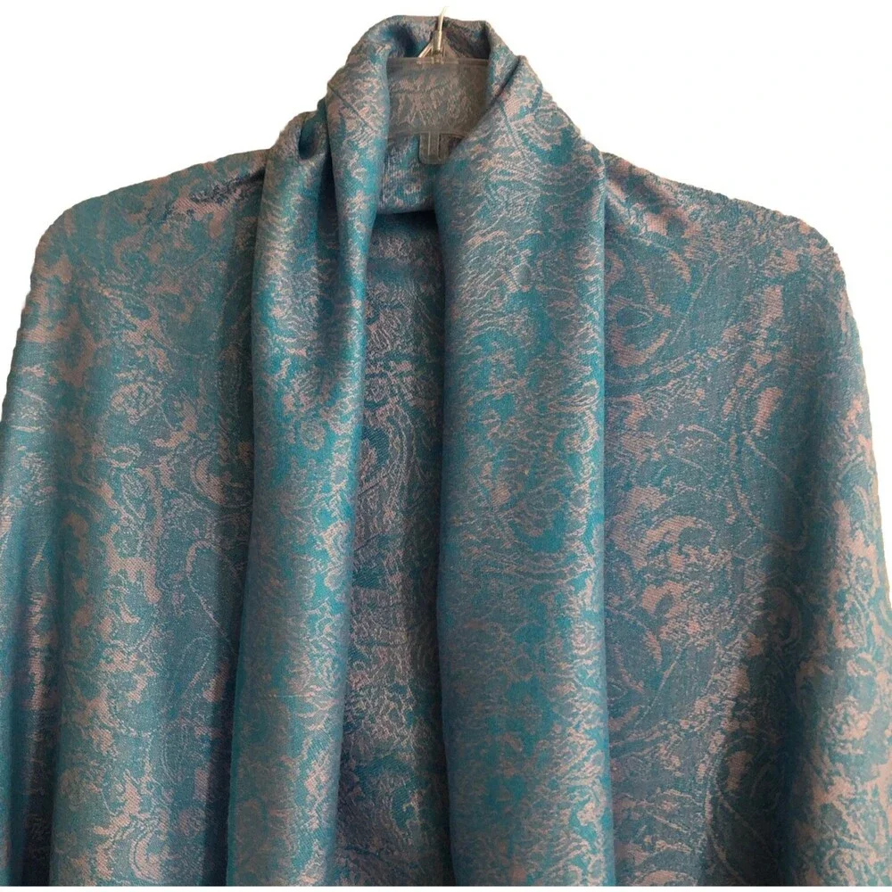 PASHMINA Cashmere Silk Paisley Fringe Shawl Elegant Blue Silver Wrap Scarf 28x78